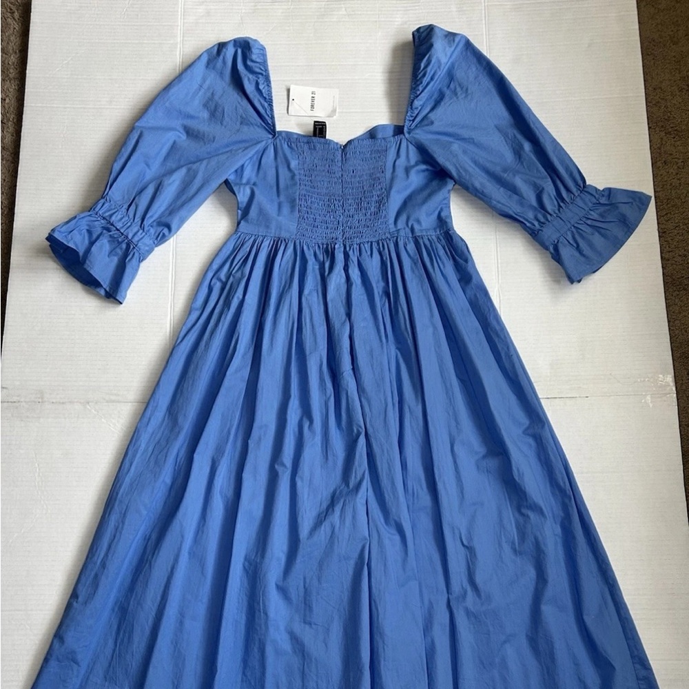 New Forever21 Blue Puff-Sleeve Midi Dress - Picture 8 of 9